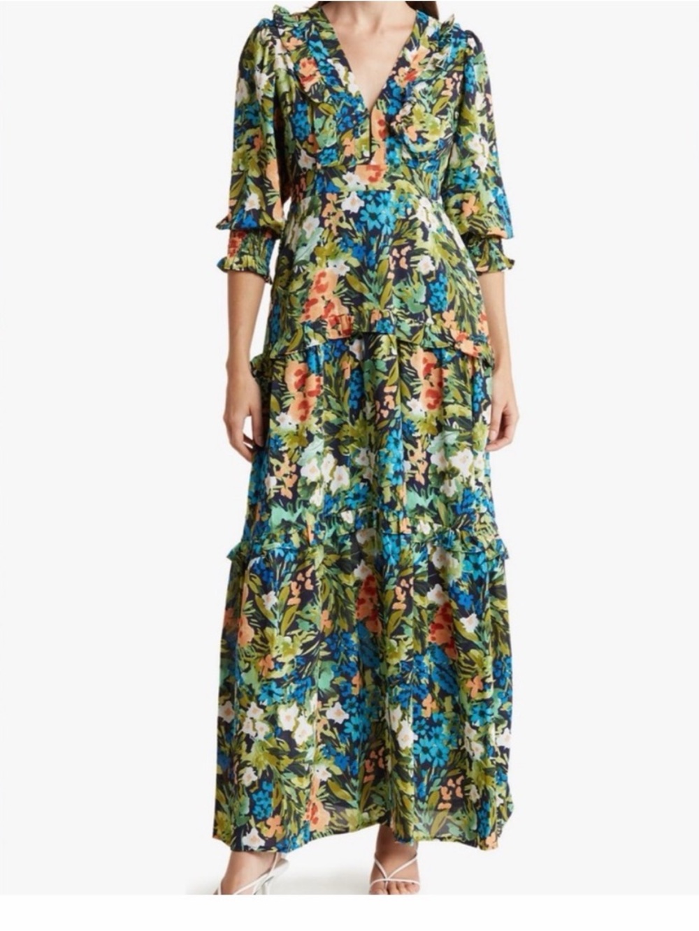 MELLODAY Floral V-Neck Tiered Maxi Dress in Green Blue